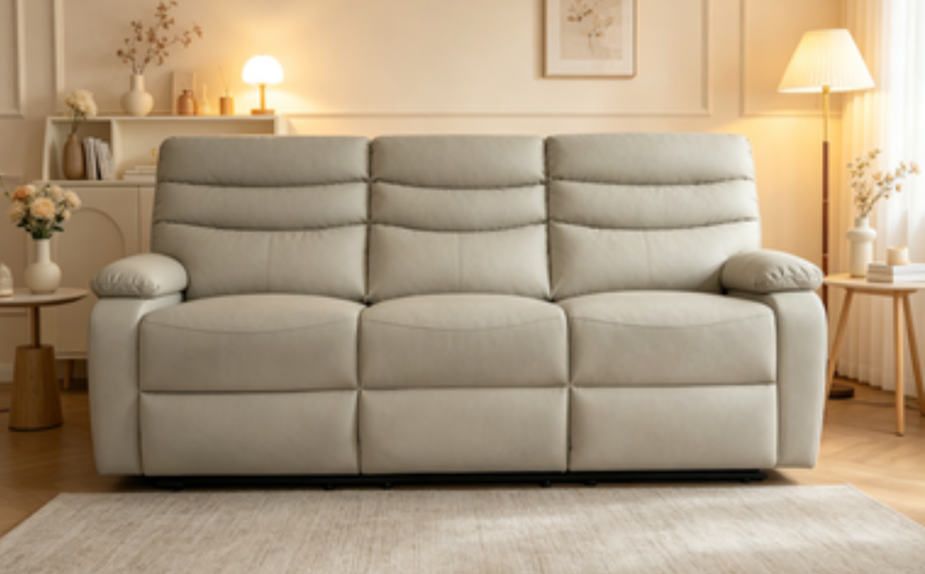 8018-3 Regular 3-Seater Manual Push Back Recliner Sofa, All-match Neutral Fabric Family Sofa, Big & Tall Friendly Three-seat Leisure Recliner for Ordinary Living Room & Medium Apartment