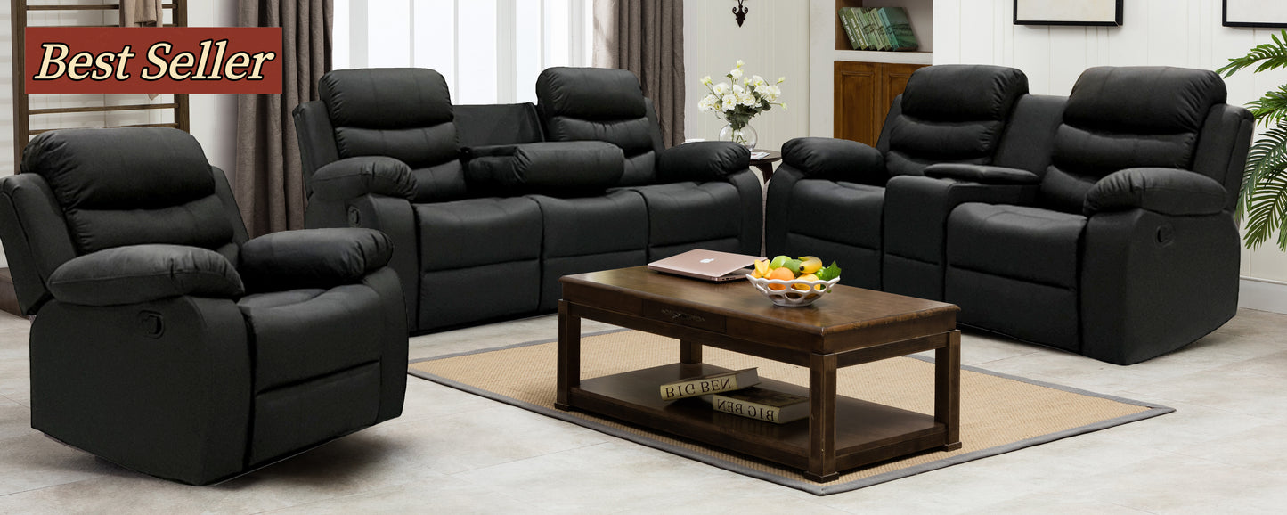 Manual Recline Chair Set,Fabric Reclining Sofa Chair with Cup Holders, Upholstered Recliner with Side Pockets Suitable for Living Room Furniture 9013