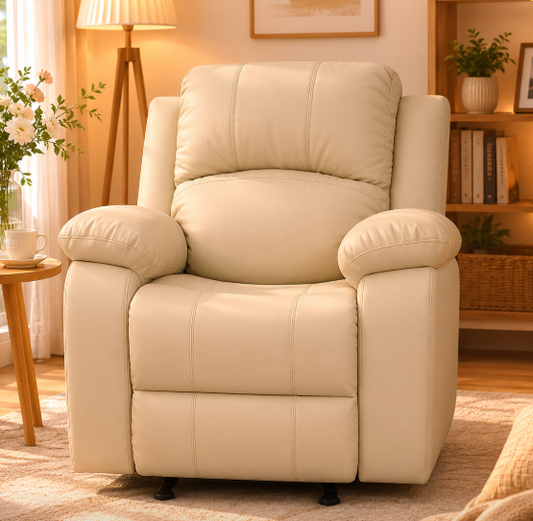 G02 Minimalist Beige Linen-texture Manual Recliner, Light-weight Push Back Single Armchair, Scandinavian Style Ergonomic Leisure Recliner for Modern Apartment & Nordic Home Decor