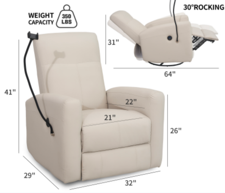 Power Swivel Rocking Recliner,Glider Recliner Nursery Chair with USB Port, with Side Pocket and Phone Holder9086