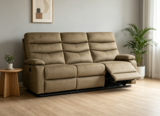 8018CR-3R Curved Rolled Arm Luxury 3-seater Fabric Recliner Sofa, Vintage Trim Manual Push Back Family Sofa, High-end Decorative Recliner for Luxury Villa & Transitional Living Room