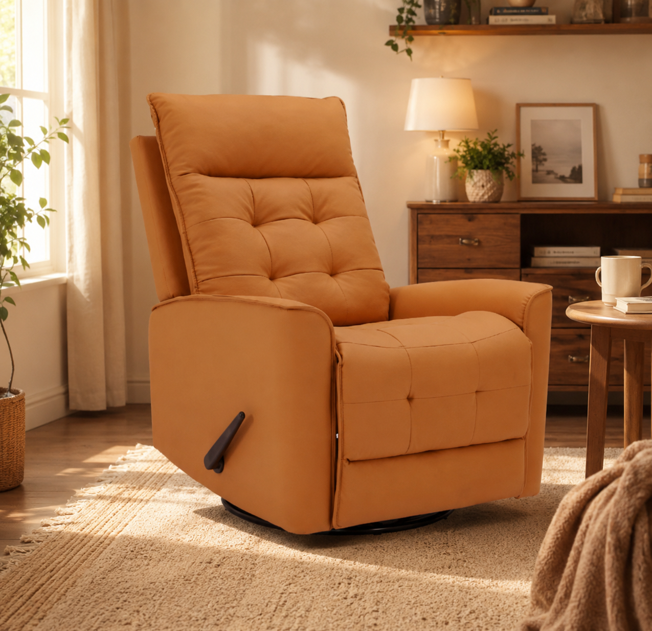240421 Bright Warm Orange PU Leather Manual Recliner, Vibrant Tone Oversized Push Back Armchair, Modern Big & Tall Friendly Leisure Recliner for Bright-style Living Room & Apartment